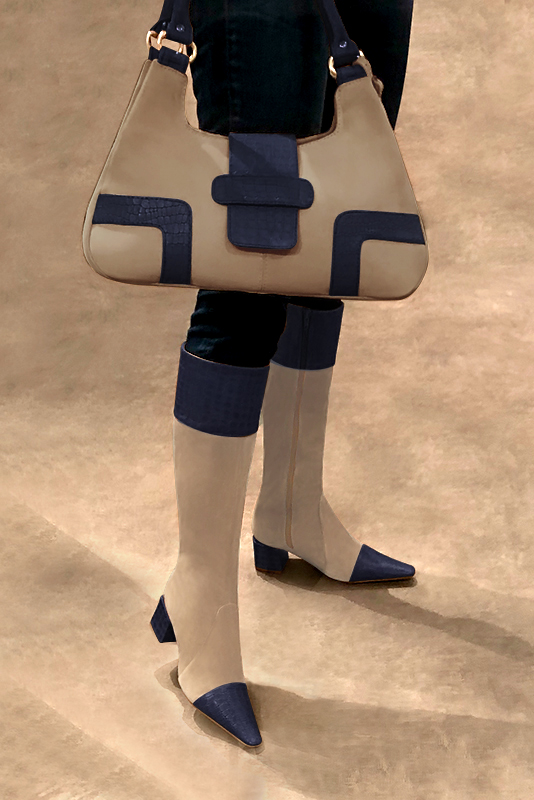 Navy blue and tan beige women's feminine knee-high boots. Tapered toe. Medium block heels. Made to measure. Worn view - Florence KOOIJMAN